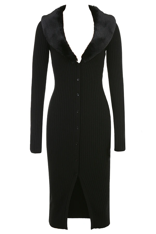 Black Faux Fur Trim Dress – Bild 13