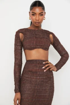 Chocolate Print Ruched Mesh Cutout Cropped Top
