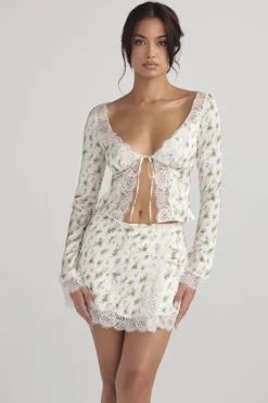 Garden Print Lace Trim Mini Skirt