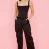 Black Satin Straight Leg Cargo Trousers