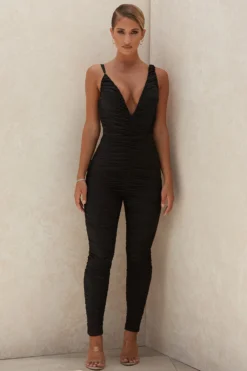 Black Mesh Ruched Jumpsuit
