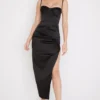 Black Satin Pleated Corset Midi Dress