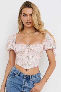 Pink Floral Puff Sleeve Corset Top