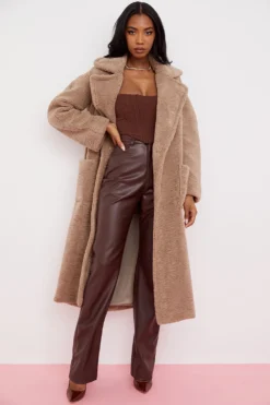 Taupe Vegan Shearling Maxi Teddy Coat