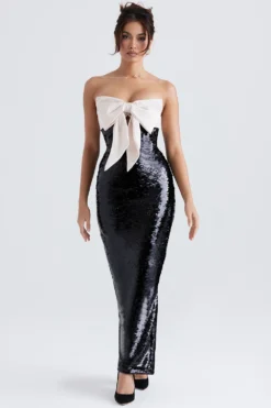 Black Sequin Strapless Bow Dress