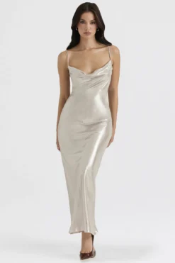 Champagne Shimmer Low Back Maxi Dress