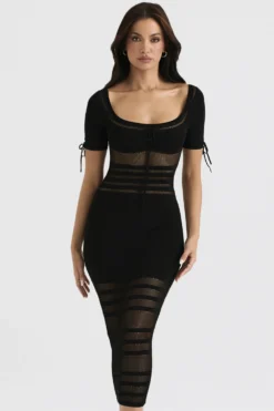 Black Openwork Knit Midi Dress