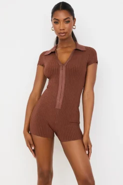 Chocolate Ribbed Bandage Playsuit