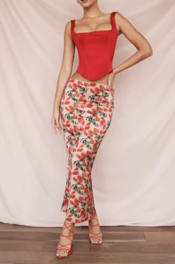 Rose Print Satin Midi Skirt