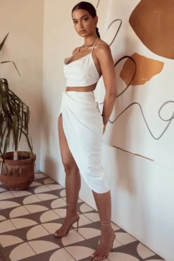 White Linen Mix Draped Skirt