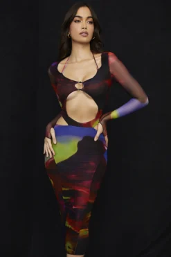 Printed Cut Out Midi Dress