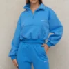Blue Cropped Zip Front Sweatshirt