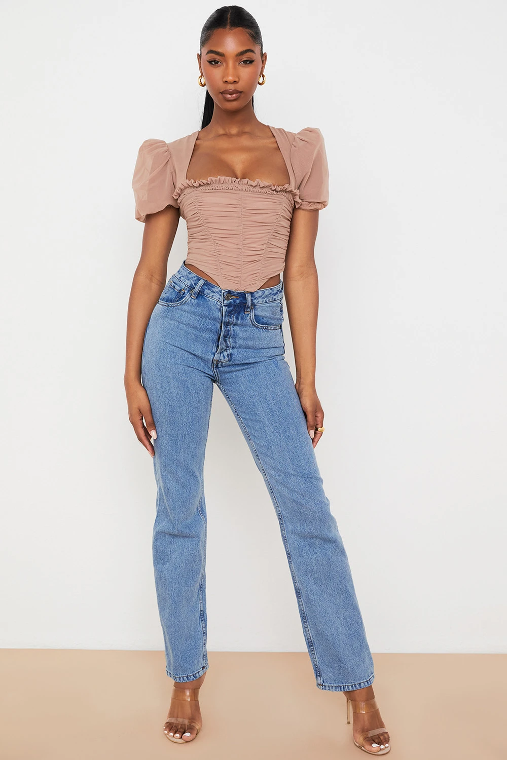 Tan Mesh Puff Sleeve Gathered Corset – Bild 4