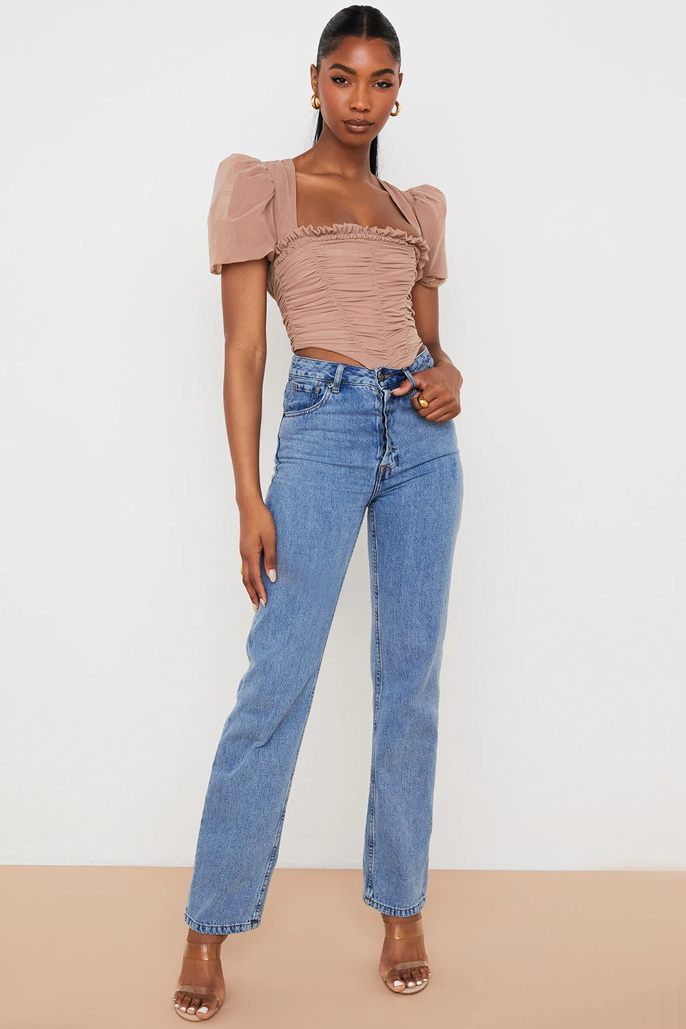 Tan Mesh Puff Sleeve Gathered Corset – Bild 5