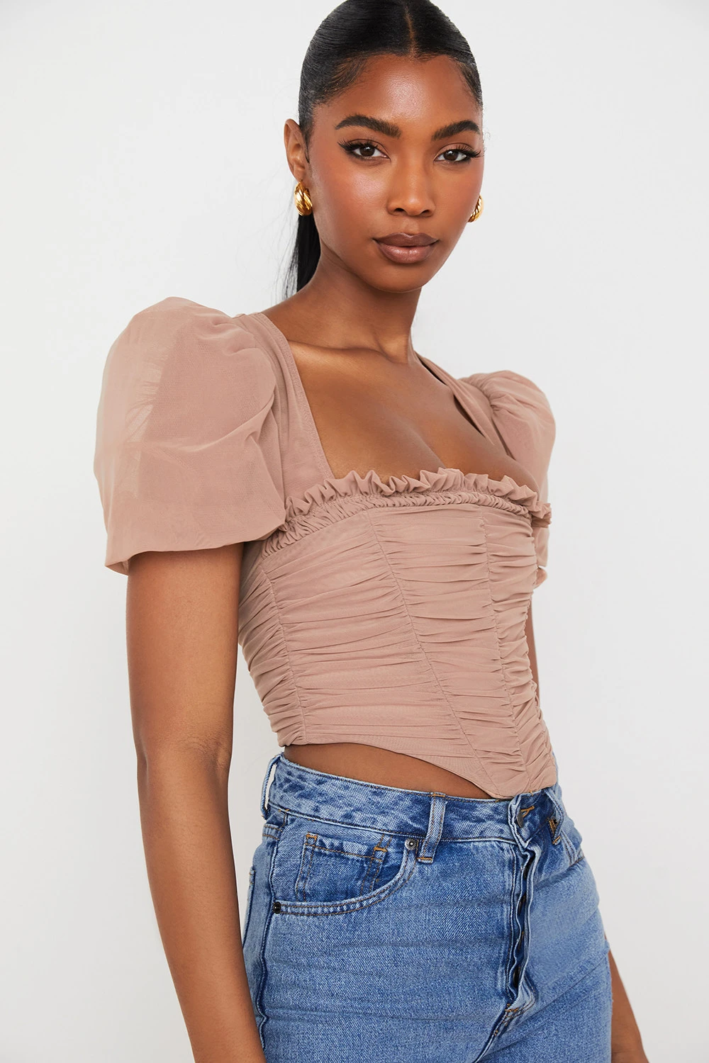 Tan Mesh Puff Sleeve Gathered Corset – Bild 6