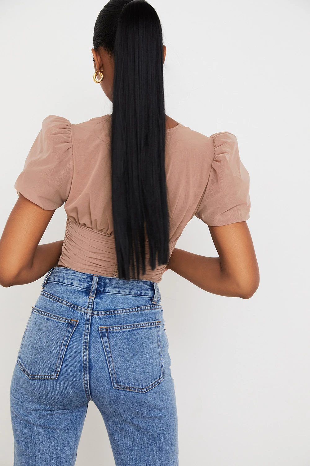 Tan Mesh Puff Sleeve Gathered Corset – Bild 9