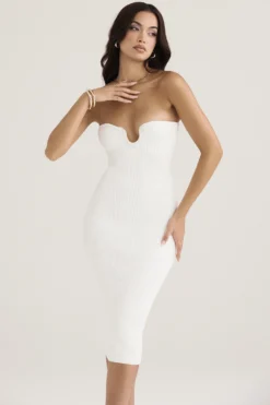 White Ribbed Knit Strapless Midi Dress