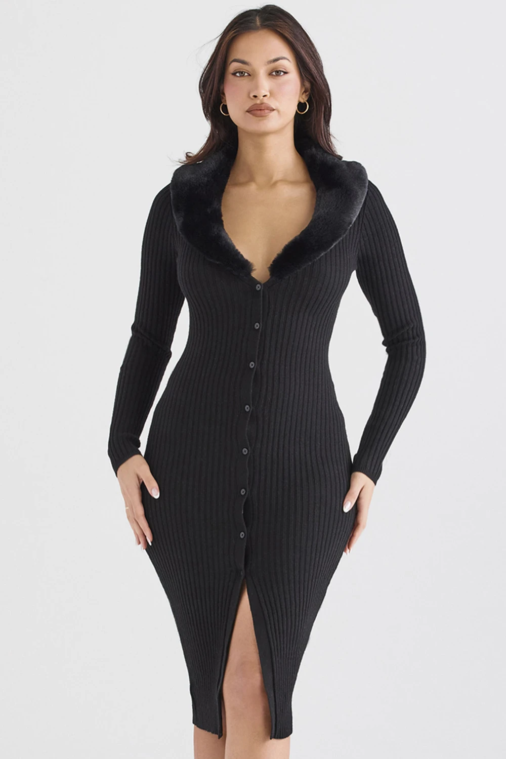 Black Faux Fur Trim Dress – Bild 2