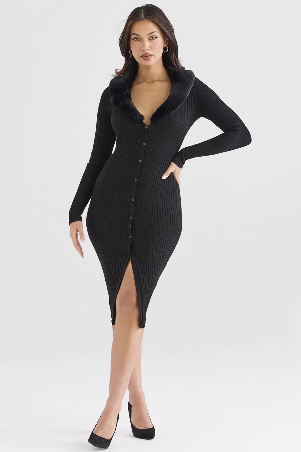 Black Faux Fur Trim Dress – Bild 3