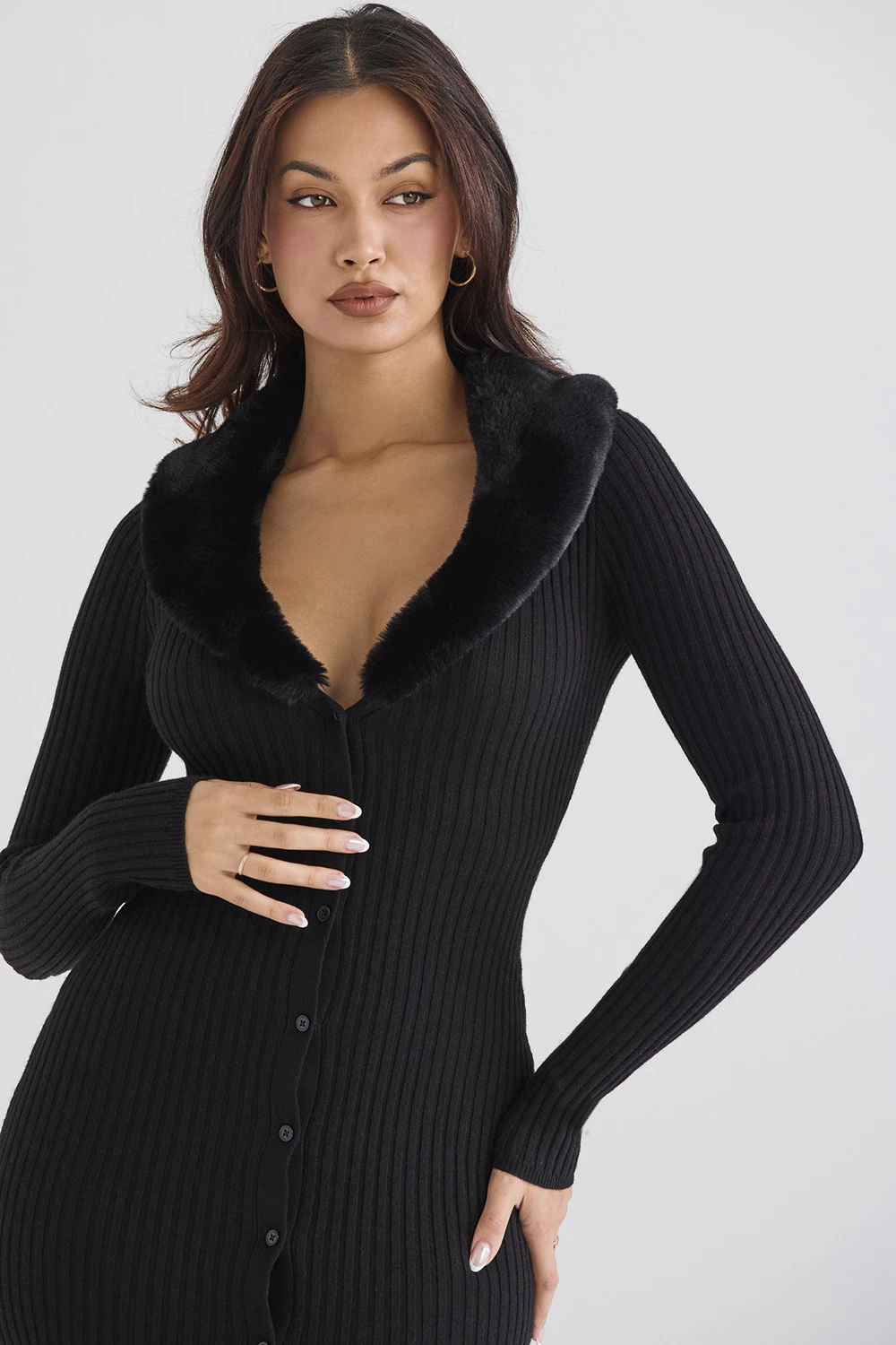 Black Faux Fur Trim Dress – Bild 5