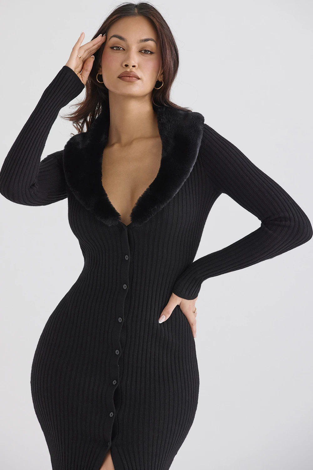 Black Faux Fur Trim Dress – Bild 6