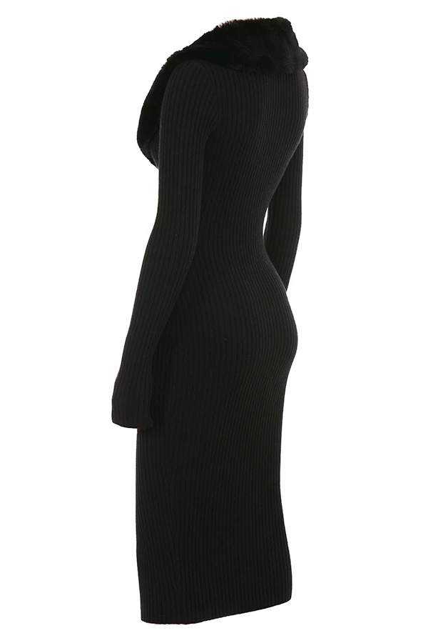 Black Faux Fur Trim Dress – Bild 14