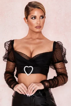 Gathered Mesh Heart Buckle Top