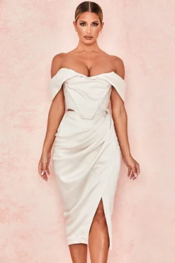 Ivory Satin Draped Midi Skirt