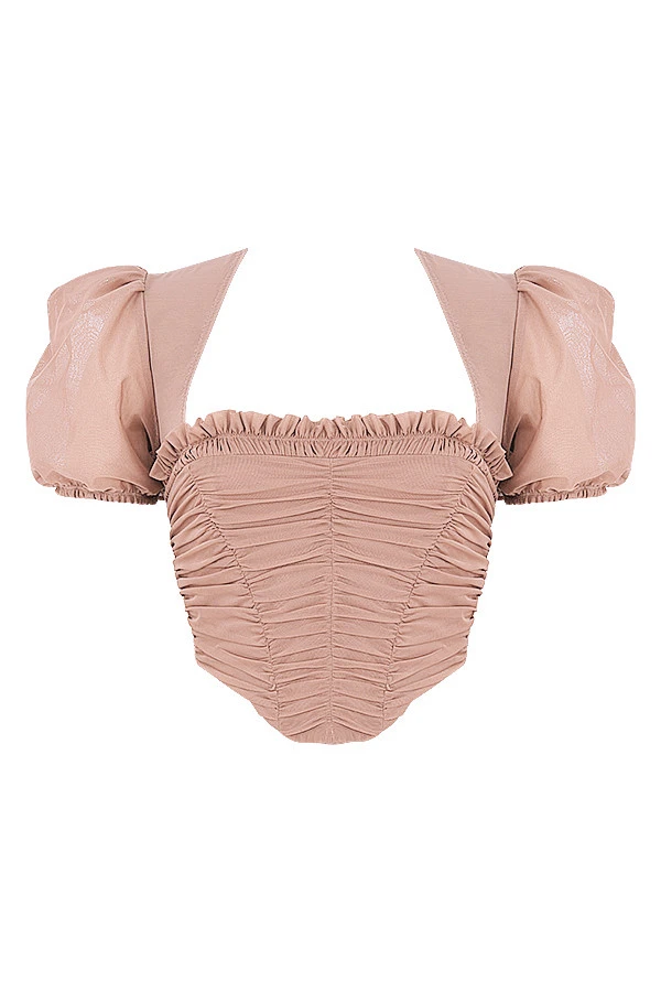 Tan Mesh Puff Sleeve Gathered Corset – Bild 10