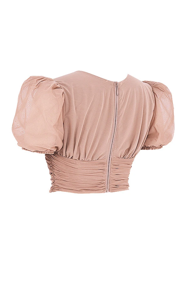 Tan Mesh Puff Sleeve Gathered Corset – Bild 11