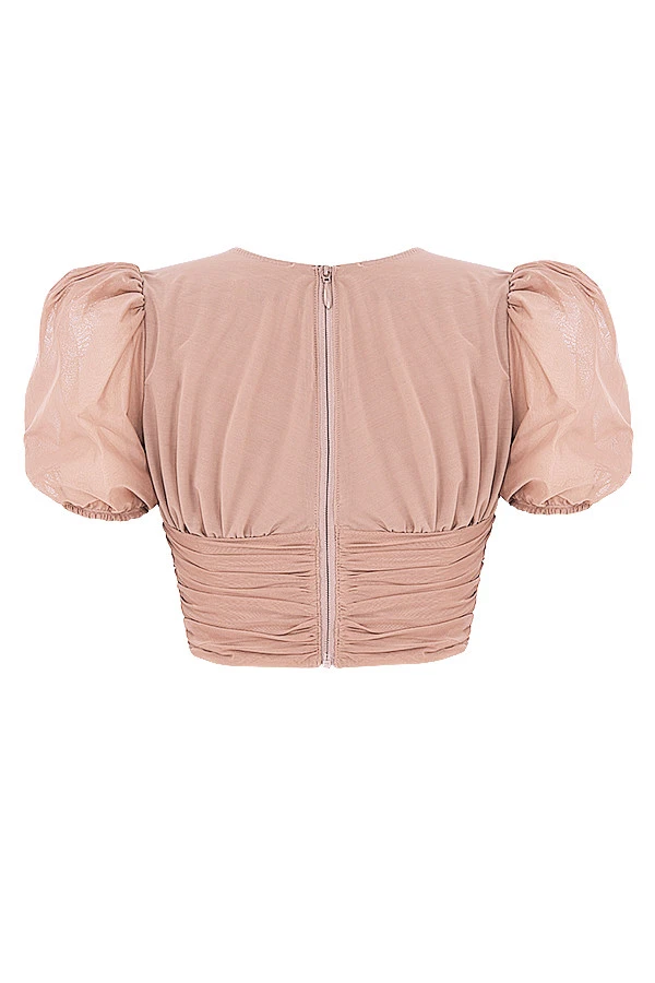 Tan Mesh Puff Sleeve Gathered Corset – Bild 12