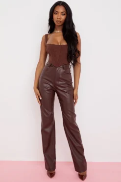 Dark Brown Stretch Vegan Leather Trousers